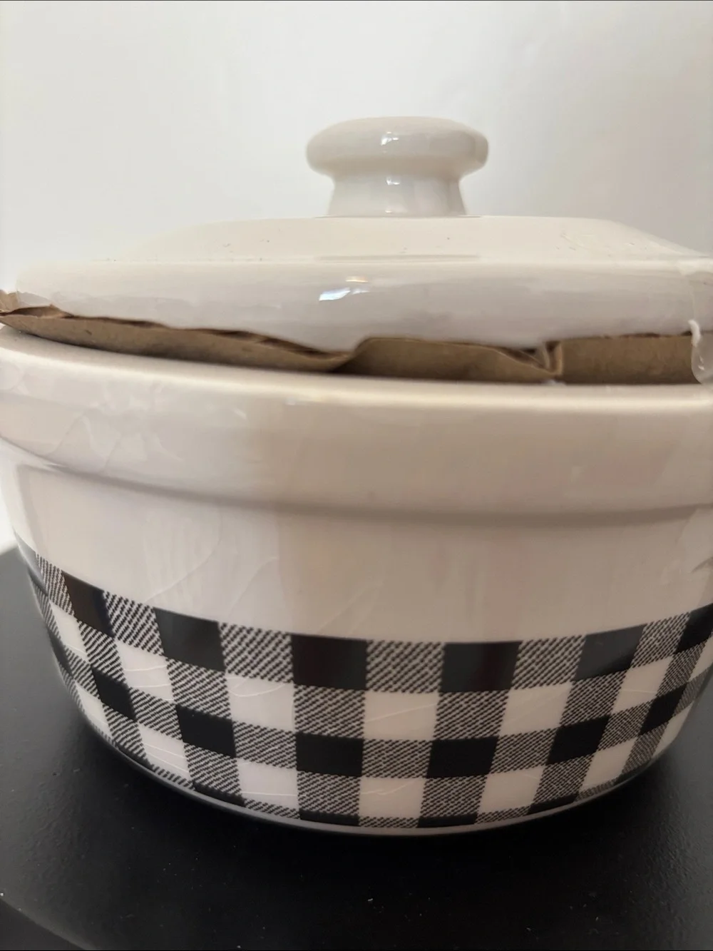 Ceramic Covered Casserole with Black & White Gingham